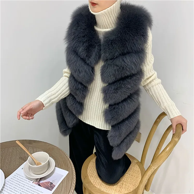 Women Natural Real Fox Fur Vest Autumn Winter Ladies 6 Strips Gilet Sleeveless Genuine Fur Coat Female Real Fur Vest Waistcoat