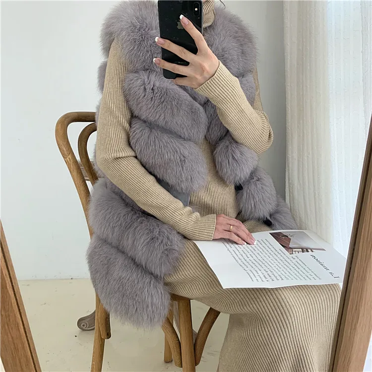 Women Natural Real Fox Fur Vest Autumn Winter Ladies 6 Strips Gilet Sleeveless Genuine Fur Coat Female Real Fur Vest Waistcoat