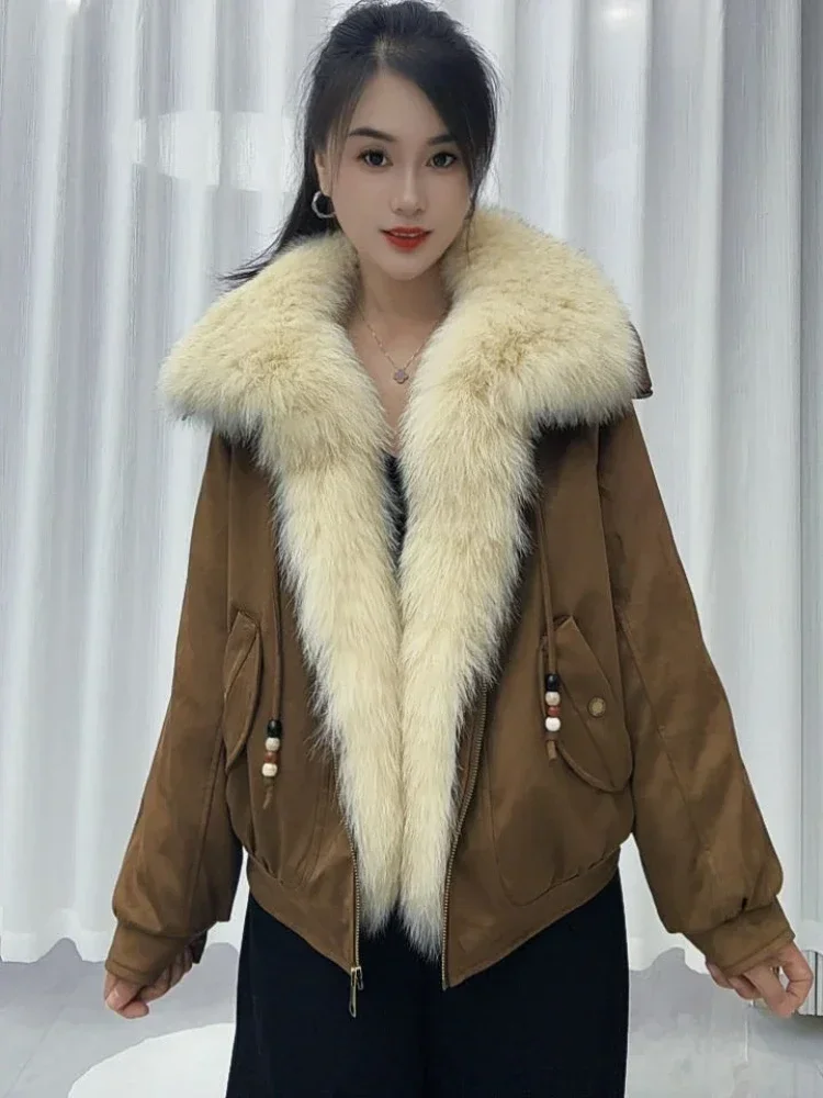 OFTBUY Winter Goose Down Clothing Women's Short Zipper Puffer Jacket with Real Fur Warm Big Natural Fur Collar Loose Outerwear