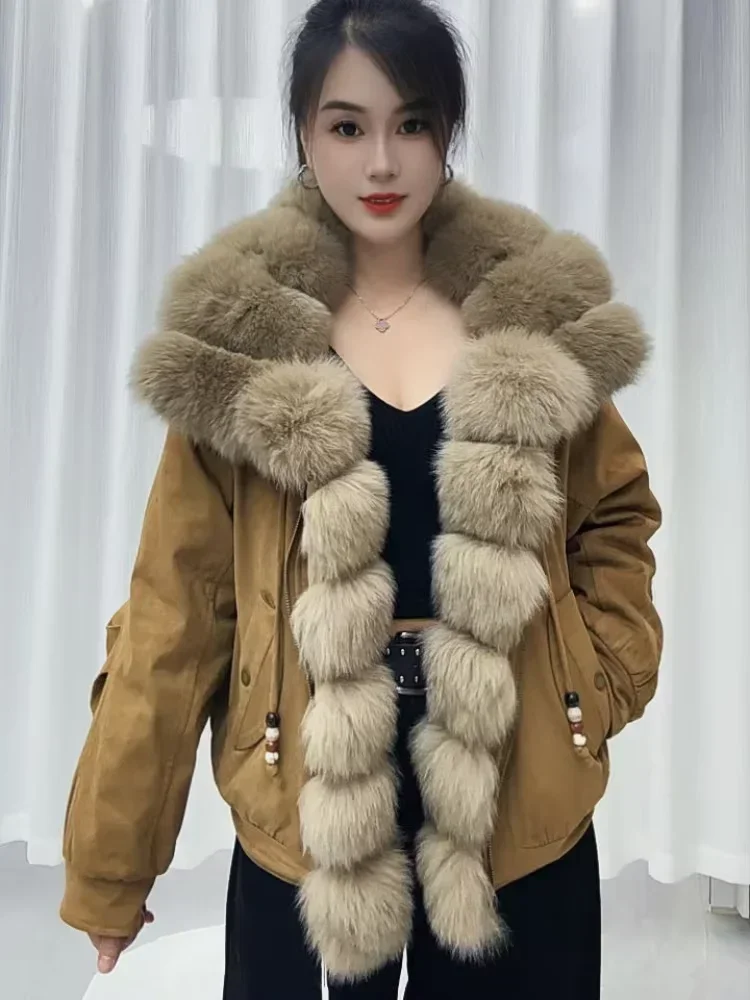 OFTBUY Winter Goose Down Clothing Women's Short Zipper Puffer Jacket with Real Fur Warm Big Natural Fur Collar Loose Outerwear