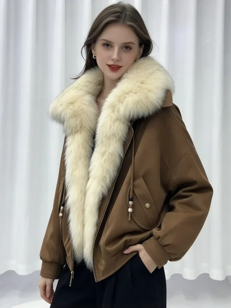 OFTBUY Winter Goose Down Clothing Women's Short Zipper Puffer Jacket with Real Fur Warm Big Natural Fur Collar Loose Outerwear