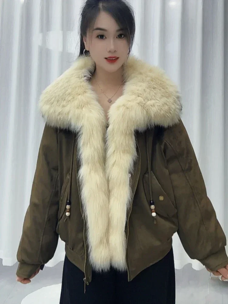 OFTBUY Winter Goose Down Clothing Women's Short Zipper Puffer Jacket with Real Fur Warm Big Natural Fur Collar Loose Outerwear