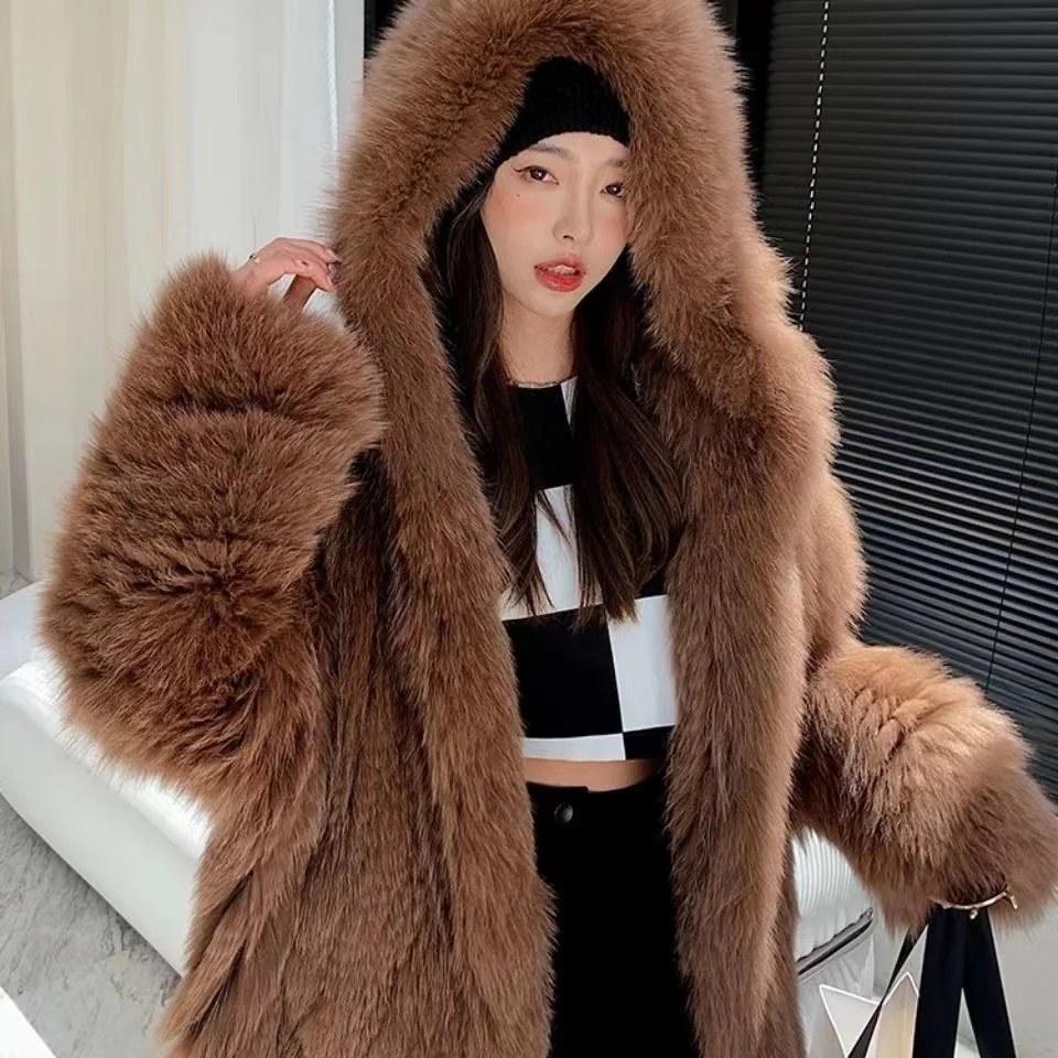 FURTJY New Style Jackets Autumn Winter Luxury Knitted Fur Coat Women Double Long Sleeve Woven Liner Fashion Real Fox Fur Coat