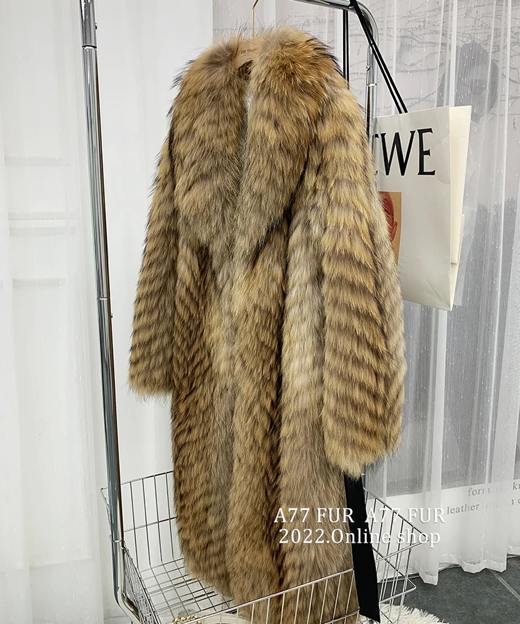Women's X-Long Raccoon Fur Coat Luxury Winter Fashion Natural Fox Fur Coat Fluffy Streetwear Jacket Ladies Trendy Outerwear