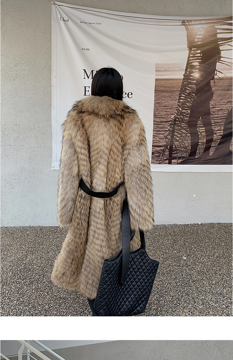 Women's X-Long Raccoon Fur Coat Luxury Winter Fashion Natural Fox Fur Coat Fluffy Streetwear Jacket Ladies Trendy Outerwear