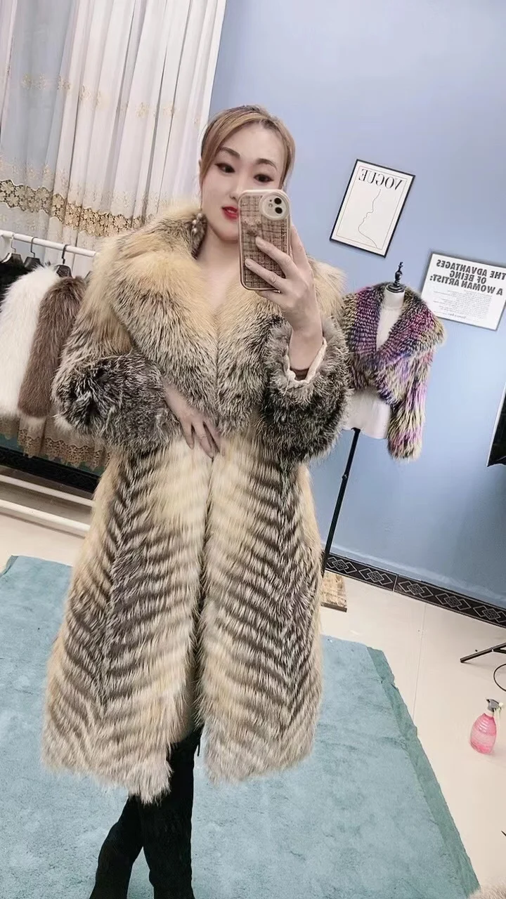 Women's X-Long Raccoon Fur Coat Luxury Winter Fashion Natural Fox Fur Coat Fluffy Streetwear Jacket Ladies Trendy Outerwear