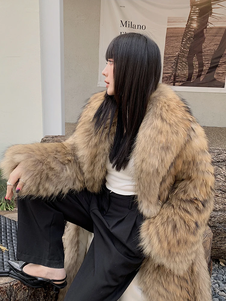 Women's X-Long Raccoon Fur Coat Luxury Winter Fashion Natural Fox Fur Coat Fluffy Streetwear Jacket Ladies Trendy Outerwear