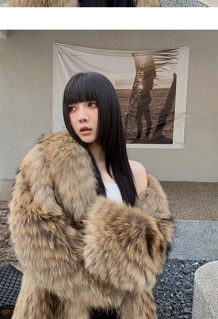 Women's X-Long Raccoon Fur Coat Luxury Winter Fashion Natural Fox Fur Coat Fluffy Streetwear Jacket Ladies Trendy Outerwear