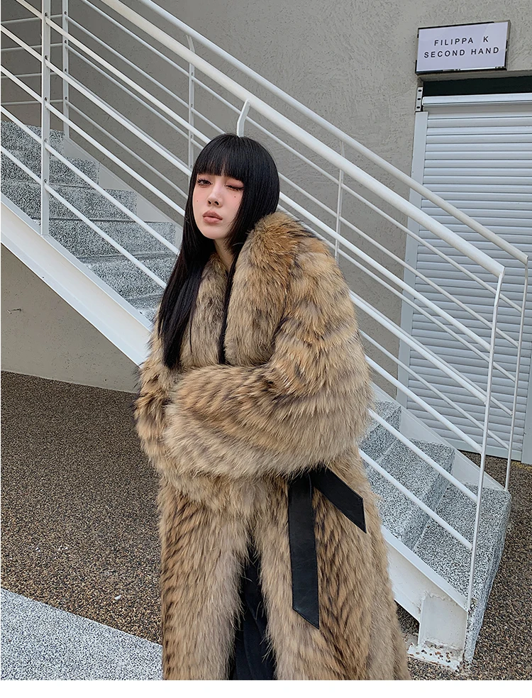 Women's X-Long Raccoon Fur Coat Luxury Winter Fashion Natural Fox Fur Coat Fluffy Streetwear Jacket Ladies Trendy Outerwear