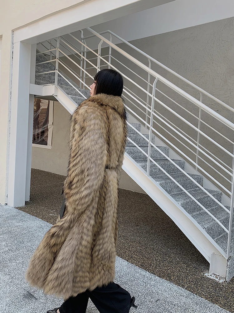 Women's X-Long Raccoon Fur Coat Luxury Winter Fashion Natural Fox Fur Coat Fluffy Streetwear Jacket Ladies Trendy Outerwear