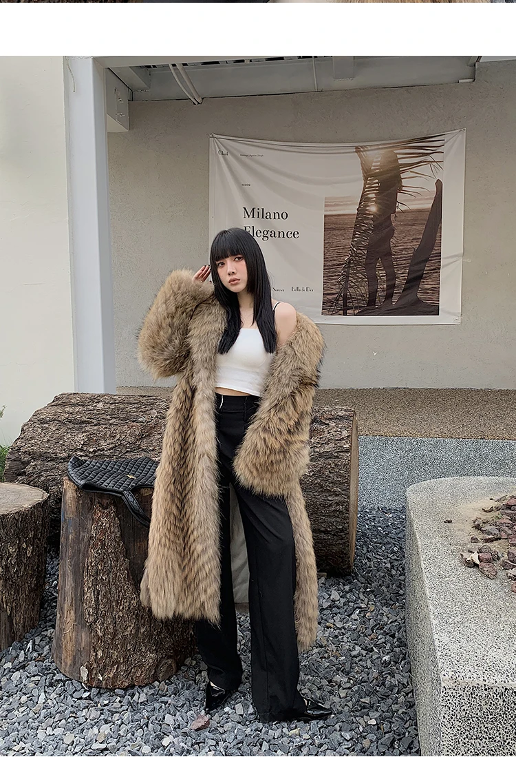 Women's X-Long Raccoon Fur Coat Luxury Winter Fashion Natural Fox Fur Coat Fluffy Streetwear Jacket Ladies Trendy Outerwear