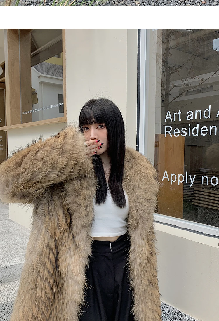 Women's X-Long Raccoon Fur Coat Luxury Winter Fashion Natural Fox Fur Coat Fluffy Streetwear Jacket Ladies Trendy Outerwear