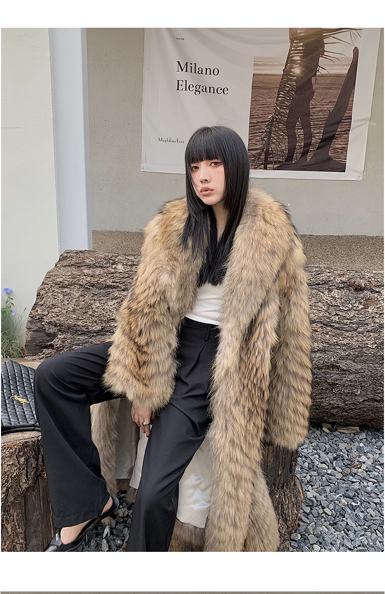 Women's X-Long Raccoon Fur Coat Luxury Winter Fashion Natural Fox Fur Coat Fluffy Streetwear Jacket Ladies Trendy Outerwear