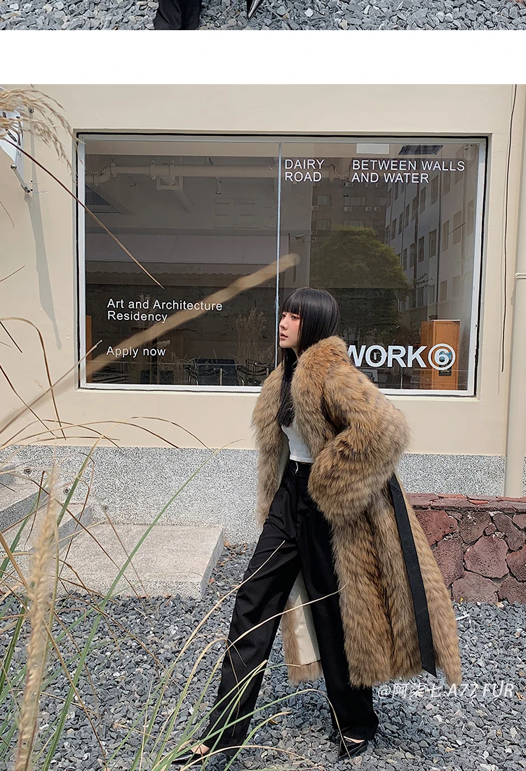 Women's X-Long Raccoon Fur Coat Luxury Winter Fashion Natural Fox Fur Coat Fluffy Streetwear Jacket Ladies Trendy Outerwear