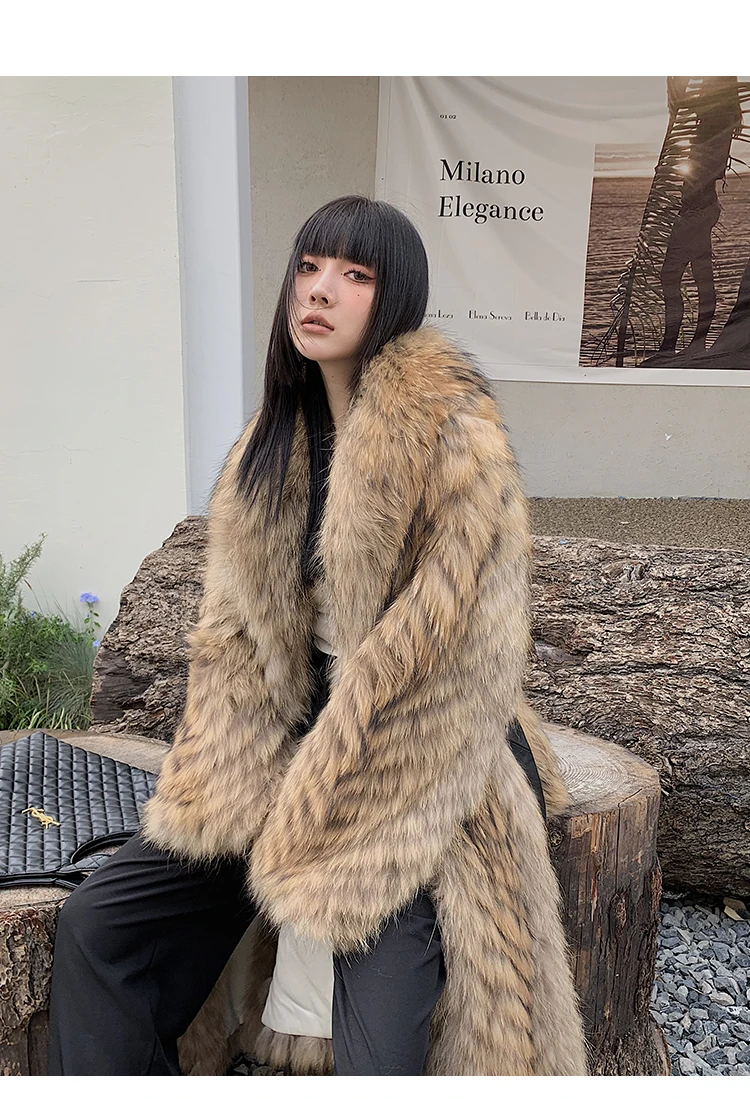 Women's X-Long Raccoon Fur Coat Luxury Winter Fashion Natural Fox Fur Coat Fluffy Streetwear Jacket Ladies Trendy Outerwear
