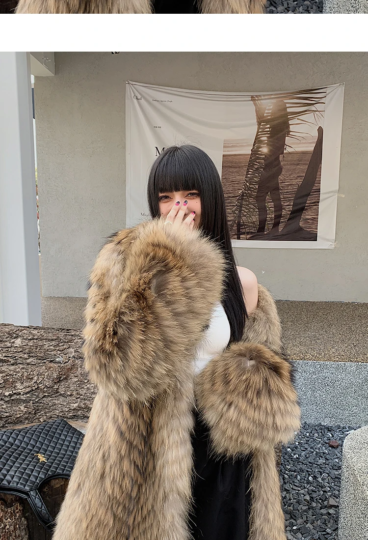 Women's X-Long Raccoon Fur Coat Luxury Winter Fashion Natural Fox Fur Coat Fluffy Streetwear Jacket Ladies Trendy Outerwear