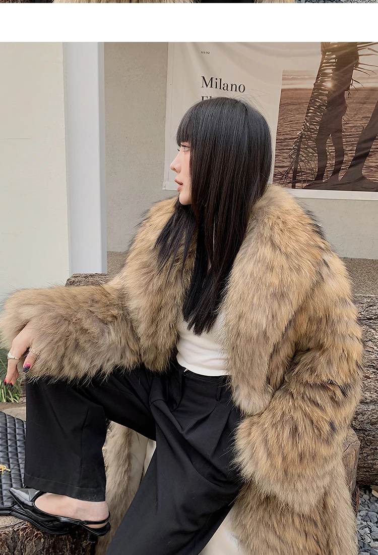 Women's X-Long Raccoon Fur Coat Luxury Winter Fashion Natural Fox Fur Coat Fluffy Streetwear Jacket Ladies Trendy Outerwear