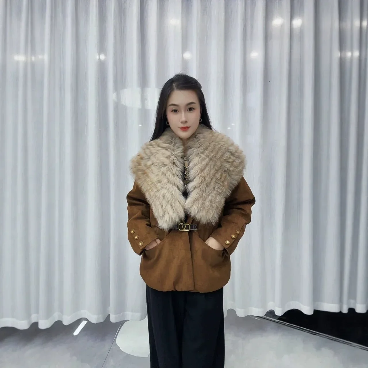 OFTBUY Ladies Fashion Slim Clothing with Real Fur Women Suede Belted Coat Winter Warm Big Raccoon Fur Collar Duck Down Jacket