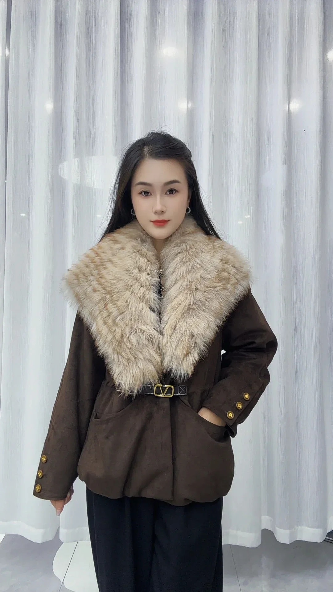 OFTBUY Ladies Fashion Slim Clothing with Real Fur Women Suede Belted Coat Winter Warm Big Raccoon Fur Collar Duck Down Jacket