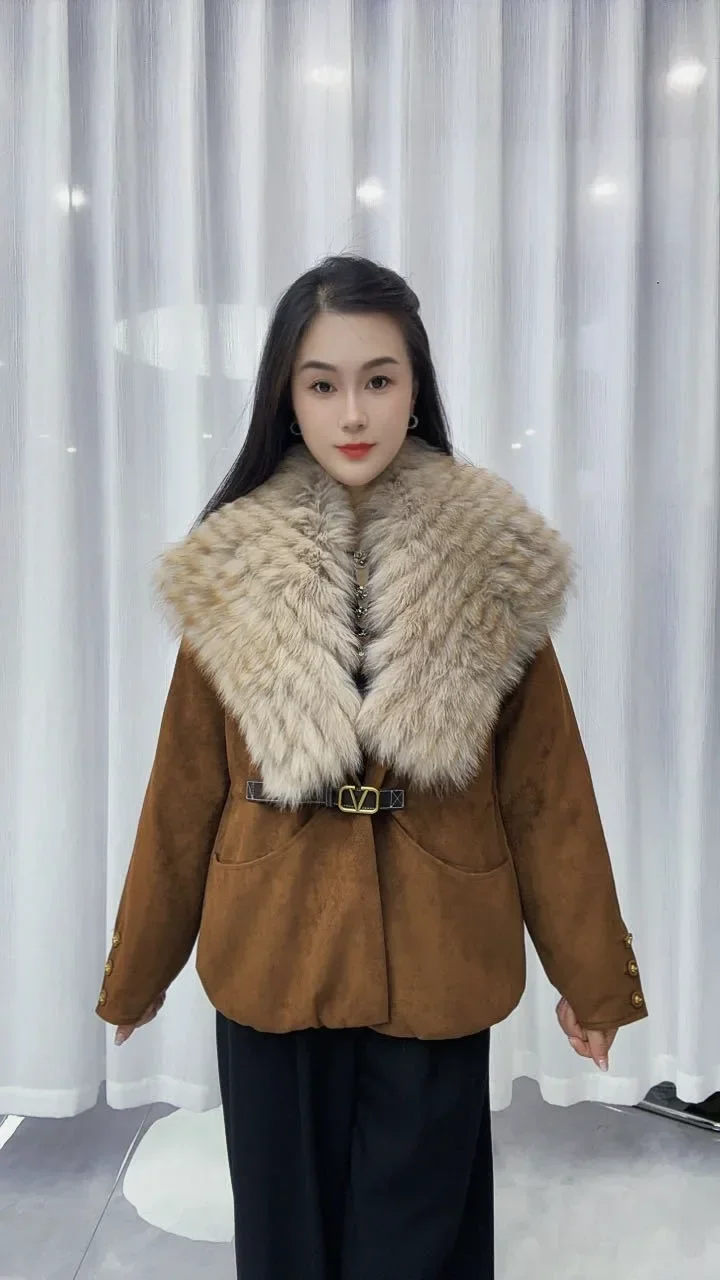 OFTBUY Ladies Fashion Slim Clothing with Real Fur Women Suede Belted Coat Winter Warm Big Raccoon Fur Collar Duck Down Jacket