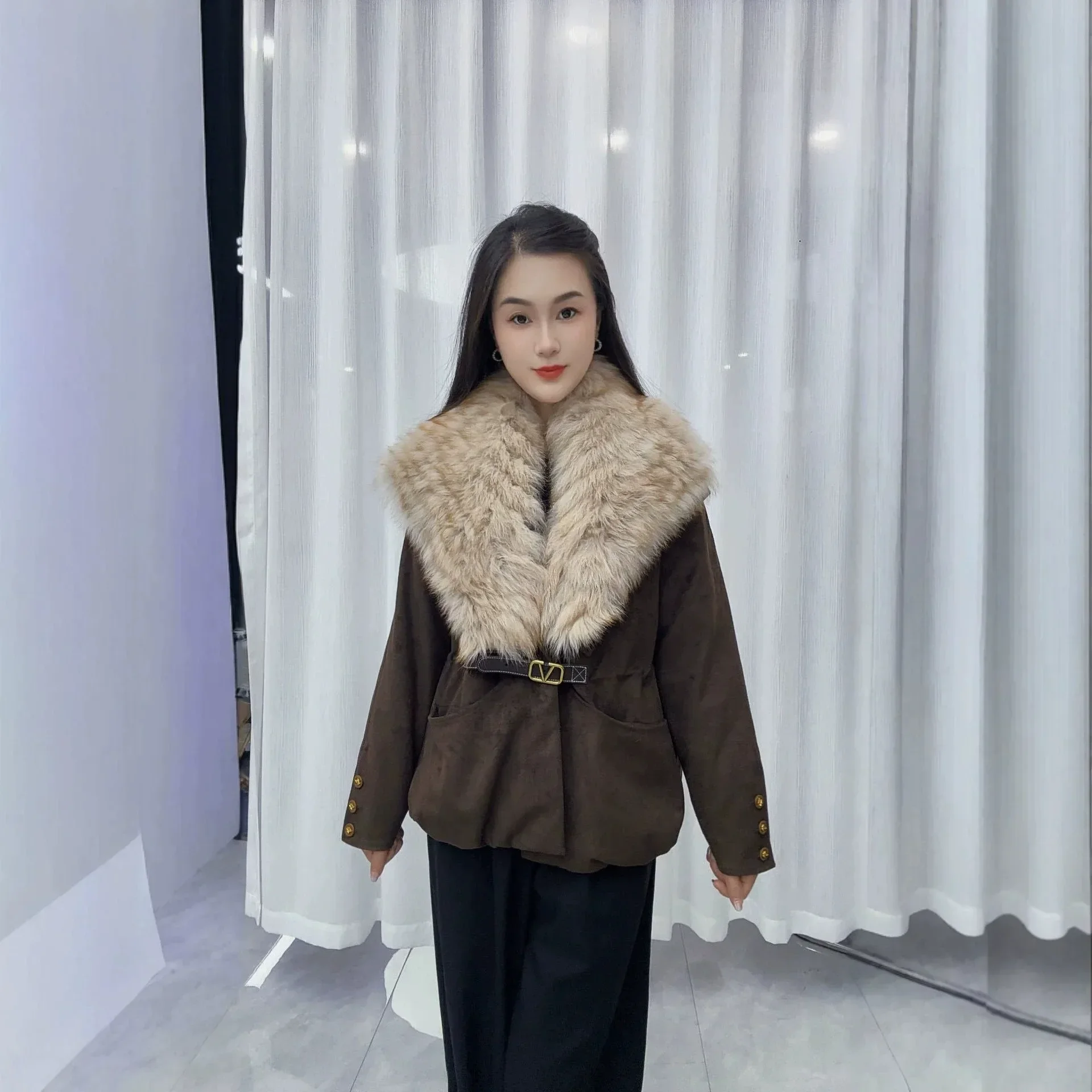 OFTBUY Ladies Fashion Slim Clothing with Real Fur Women Suede Belted Coat Winter Warm Big Raccoon Fur Collar Duck Down Jacket