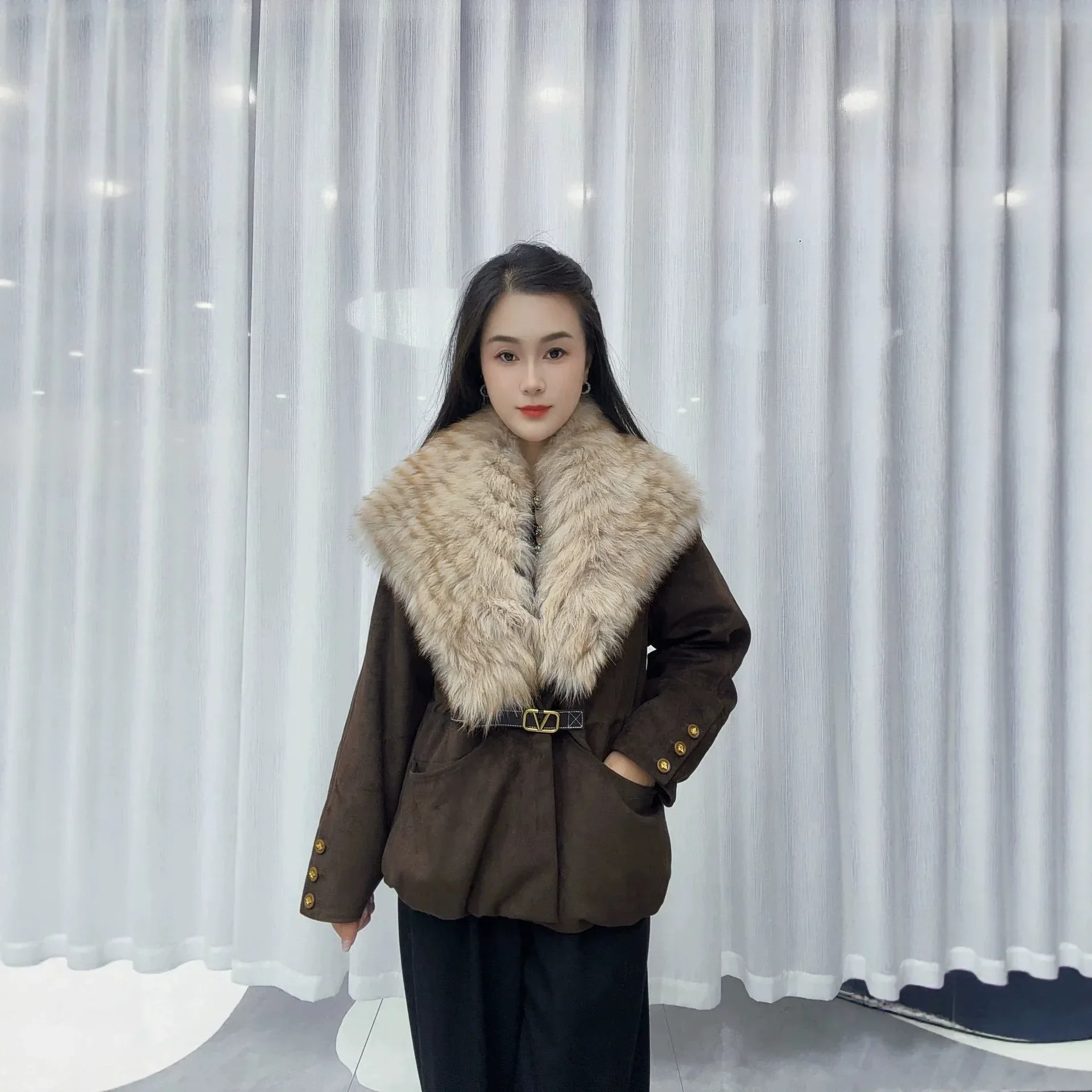 OFTBUY Ladies Fashion Slim Clothing with Real Fur Women Suede Belted Coat Winter Warm Big Raccoon Fur Collar Duck Down Jacket