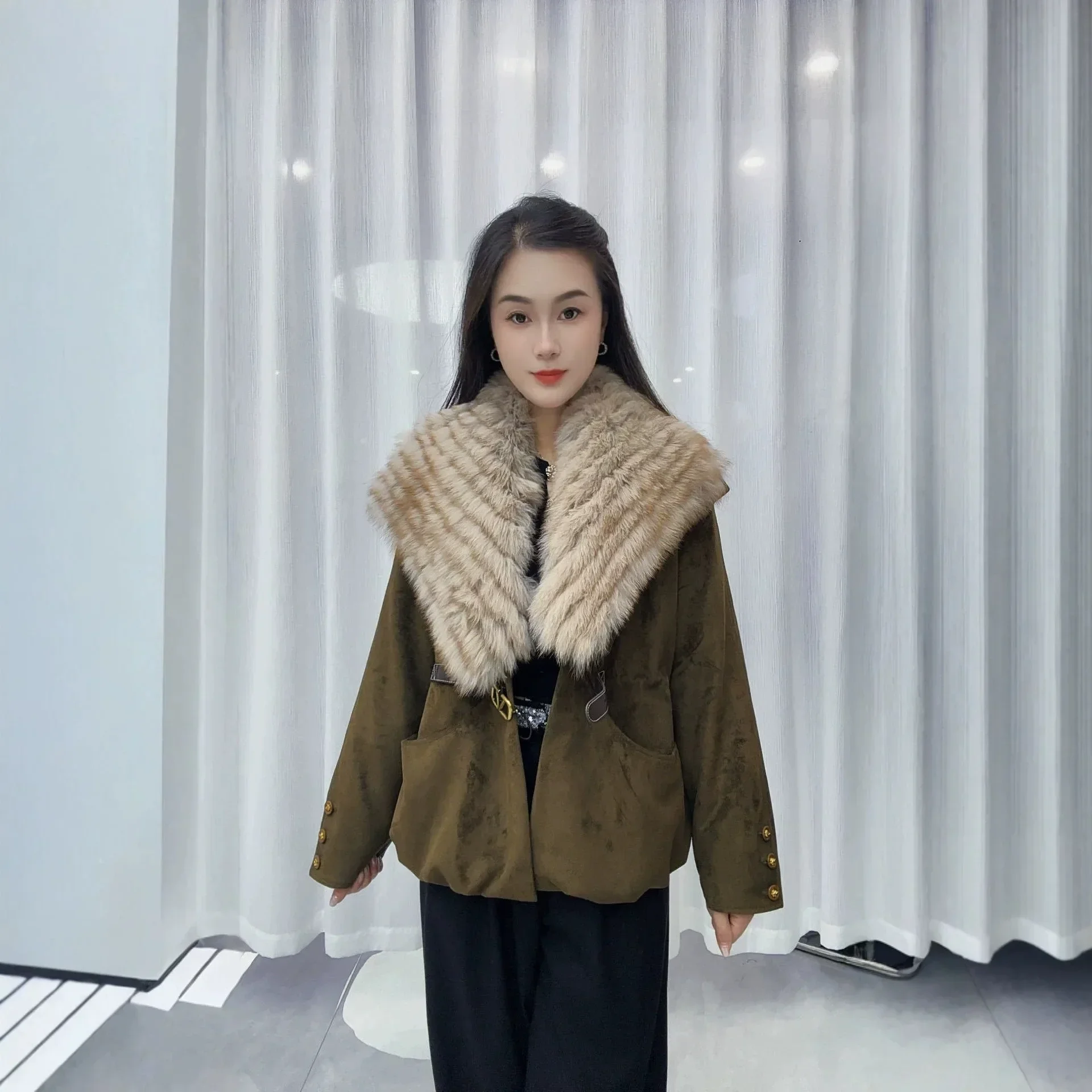 OFTBUY Ladies Fashion Slim Clothing with Real Fur Women Suede Belted Coat Winter Warm Big Raccoon Fur Collar Duck Down Jacket