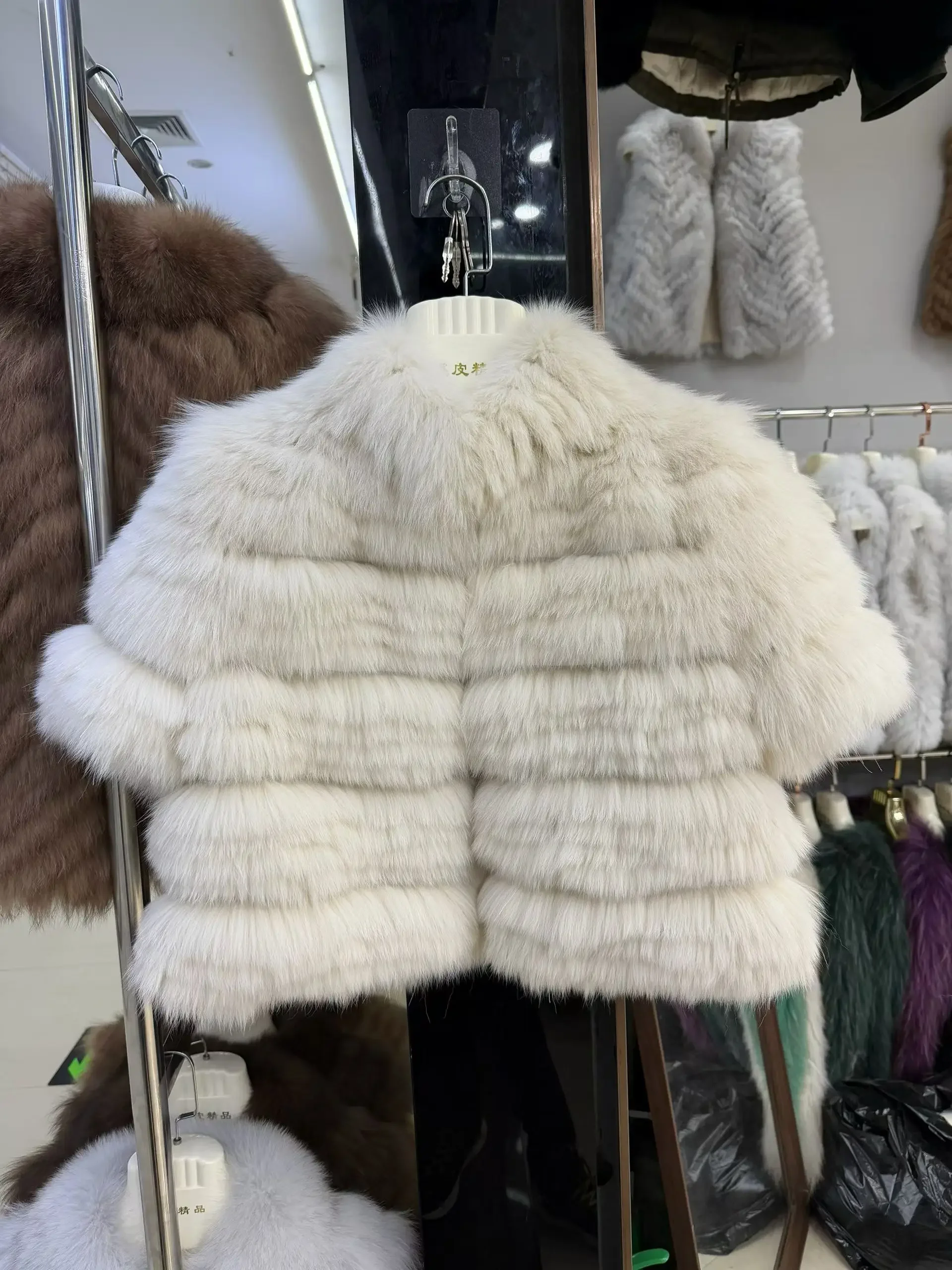 OFTBUY New Luxury Winter Clothes Lady Women Short Real Fox Fur Coat Striped Stand Collar Half Sleeve Cropped Natural Fur Jacket