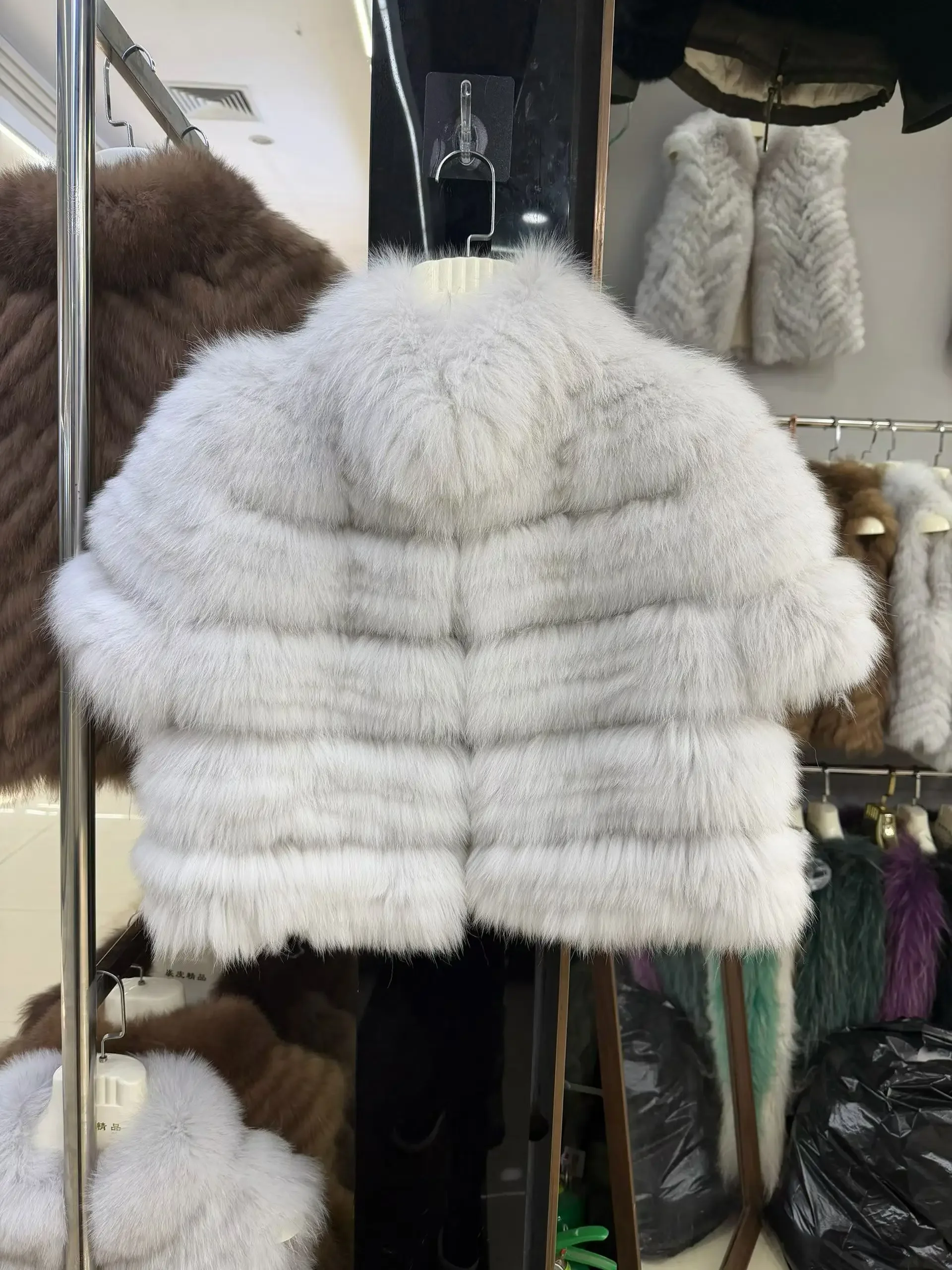 OFTBUY New Luxury Winter Clothes Lady Women Short Real Fox Fur Coat Striped Stand Collar Half Sleeve Cropped Natural Fur Jacket
