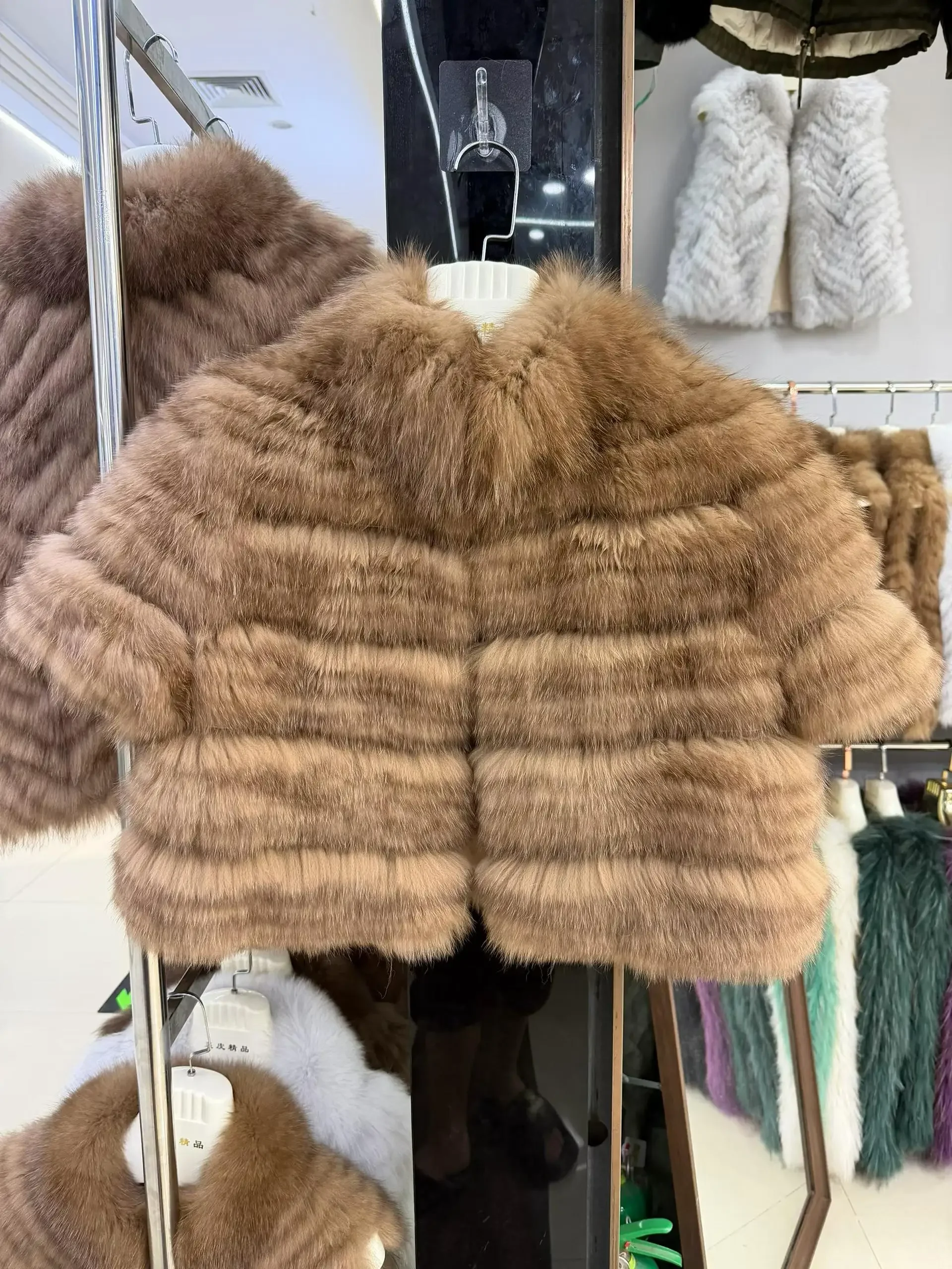 OFTBUY New Luxury Winter Clothes Lady Women Short Real Fox Fur Coat Striped Stand Collar Half Sleeve Cropped Natural Fur Jacket