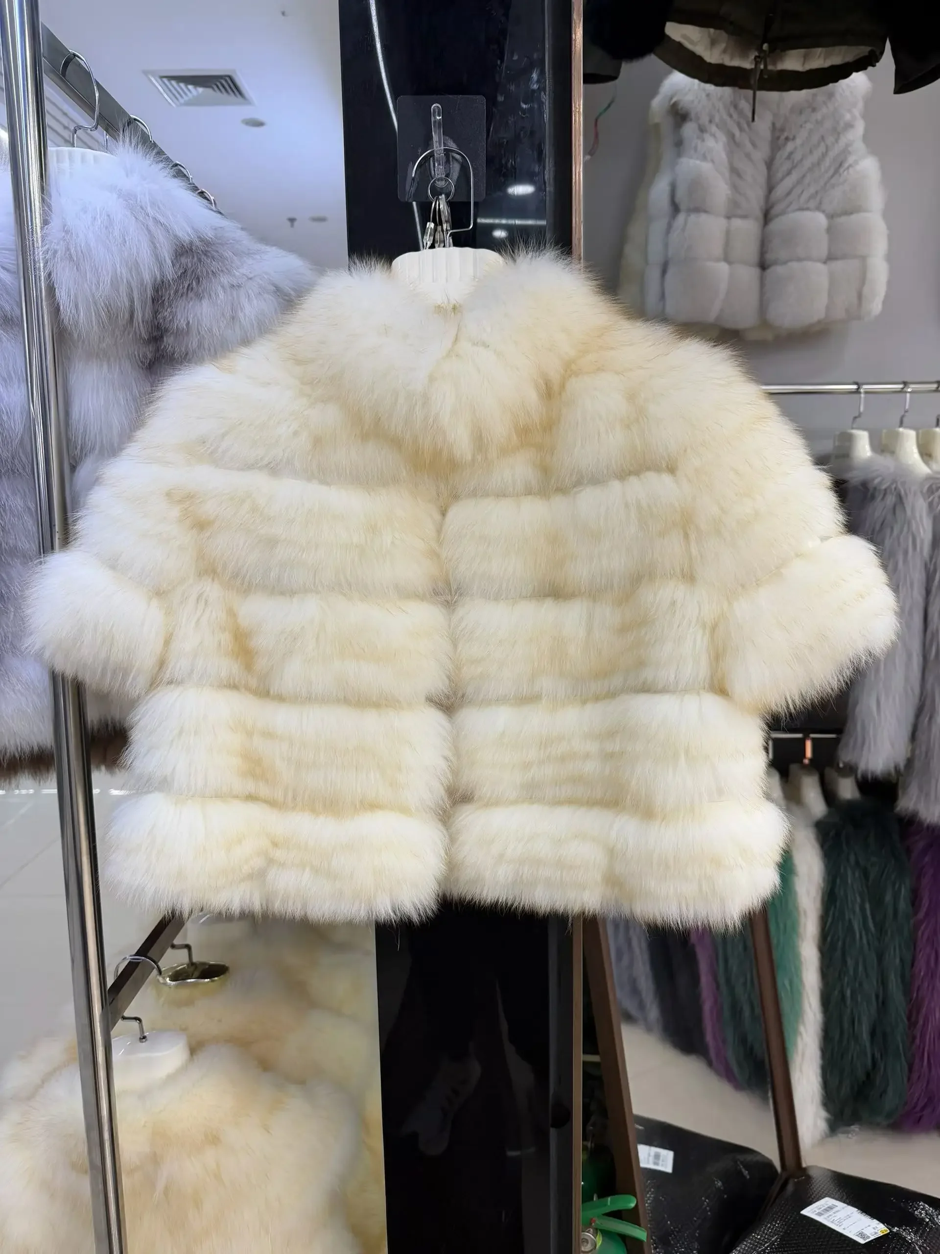 OFTBUY New Luxury Winter Clothes Lady Women Short Real Fox Fur Coat Striped Stand Collar Half Sleeve Cropped Natural Fur Jacket