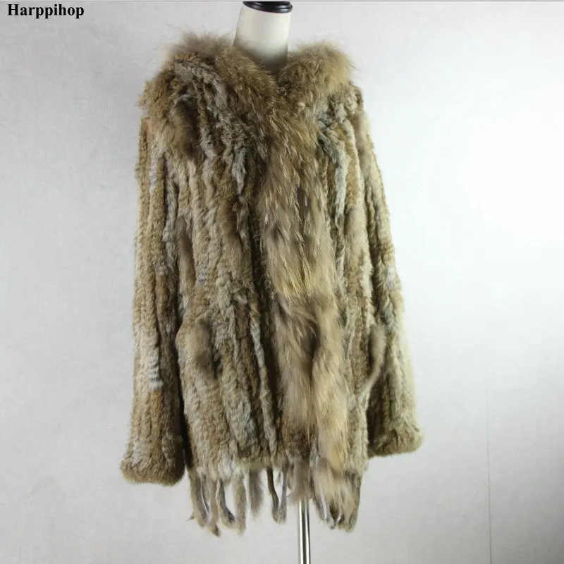 HARPPIHOP*2021 free shipping lady knitted Real rabbit fur coat/ jacket/ outware with hood women belt long with tassels