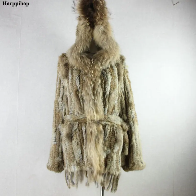 HARPPIHOP*2021 free shipping lady knitted Real rabbit fur coat/ jacket/ outware with hood women belt long with tassels
