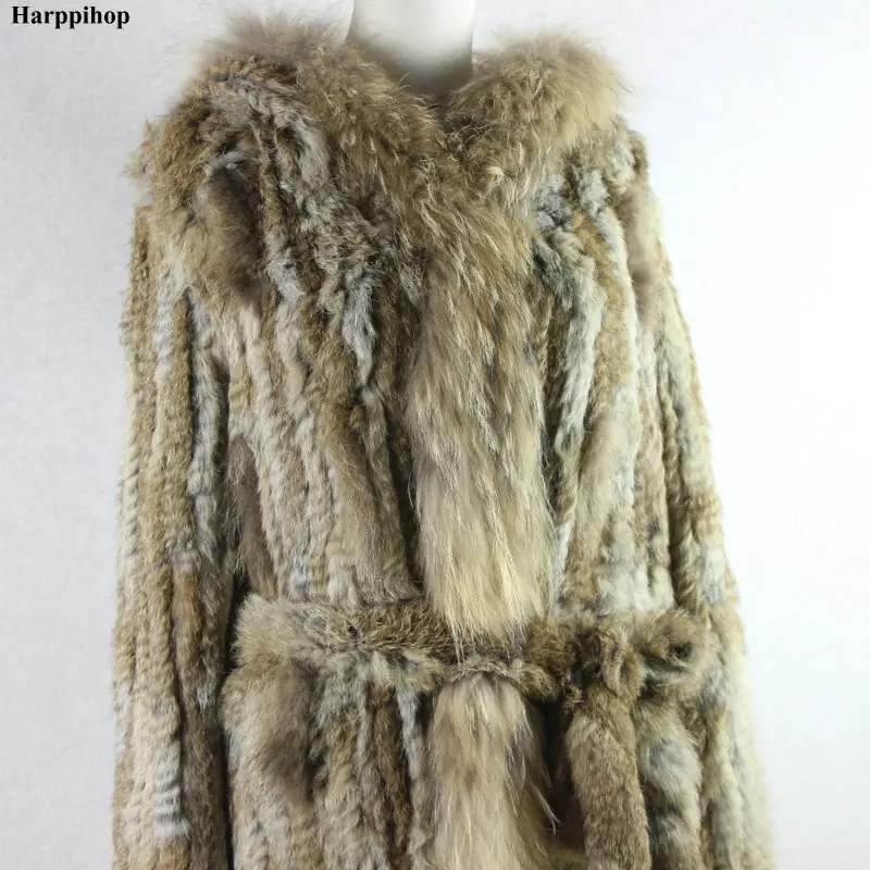 HARPPIHOP*2021 free shipping lady knitted Real rabbit fur coat/ jacket/ outware with hood women belt long with tassels