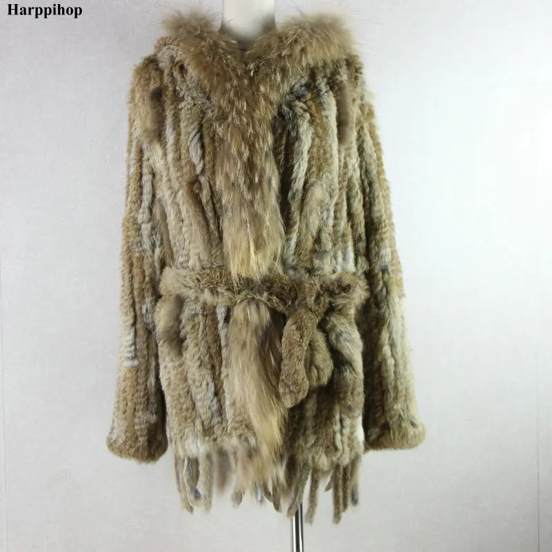 HARPPIHOP*2021 free shipping lady knitted Real rabbit fur coat/ jacket/ outware with hood women belt long with tassels
