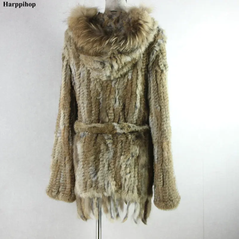 HARPPIHOP*2021 free shipping lady knitted Real rabbit fur coat/ jacket/ outware with hood women belt long with tassels