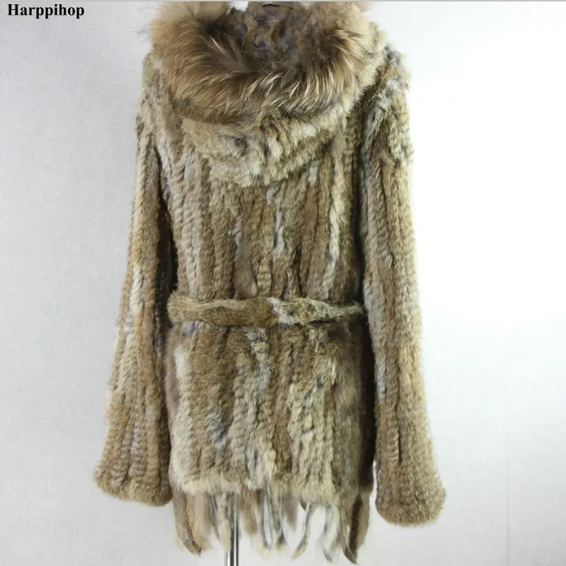 HARPPIHOP*2021 free shipping lady knitted Real rabbit fur coat/ jacket/ outware with hood women belt long with tassels