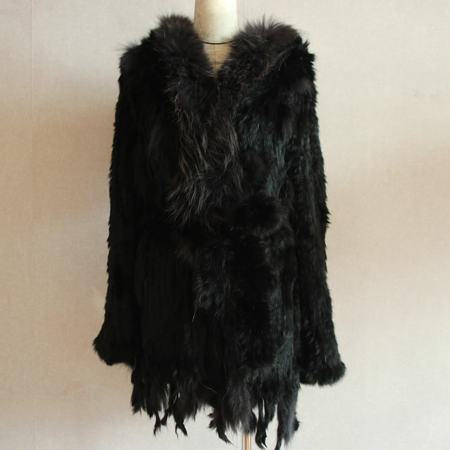HARPPIHOP*2021 free shipping lady knitted Real rabbit fur coat/ jacket/ outware with hood women belt long with tassels