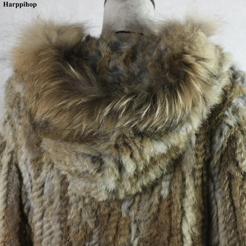 HARPPIHOP*2021 free shipping lady knitted Real rabbit fur coat/ jacket/ outware with hood women belt long with tassels