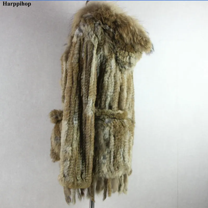 HARPPIHOP*2021 free shipping lady knitted Real rabbit fur coat/ jacket/ outware with hood women belt long with tassels