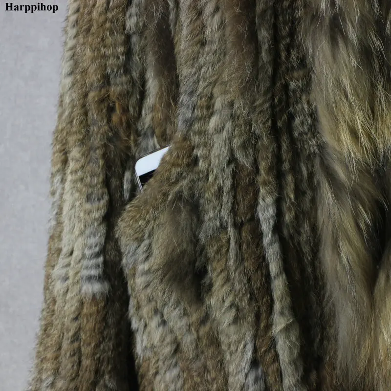 HARPPIHOP*2021 free shipping lady knitted Real rabbit fur coat/ jacket/ outware with hood women belt long with tassels