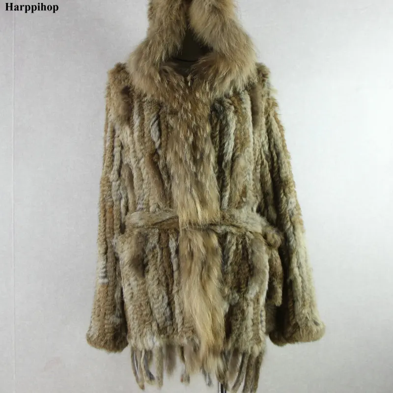 HARPPIHOP*2021 free shipping lady knitted Real rabbit fur coat/ jacket/ outware with hood women belt long with tassels