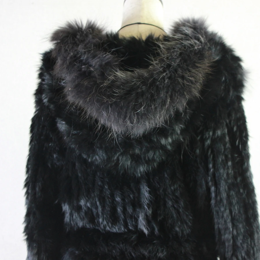 HARPPIHOP*2021 free shipping lady knitted Real rabbit fur coat/ jacket/ outware with hood women belt long with tassels