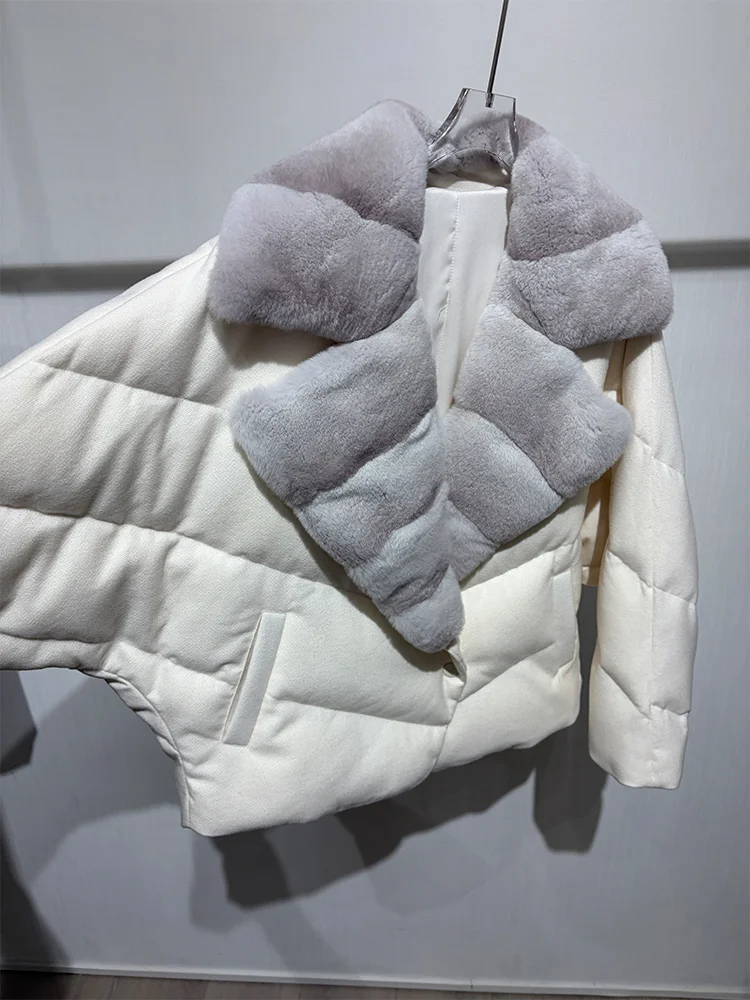 New Fashion Winter Women Goose Down Puffer Jacket Real Rex Rabbit Fur Collar Wool Coat Sleeve Warm Outerwear