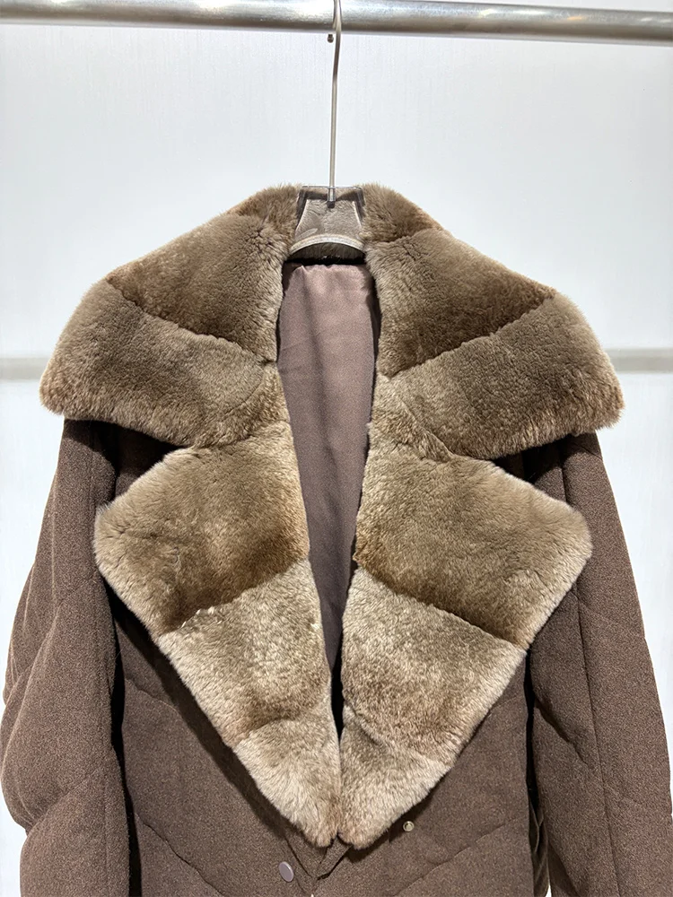 New Fashion Winter Women Goose Down Puffer Jacket Real Rex Rabbit Fur Collar Wool Coat Sleeve Warm Outerwear