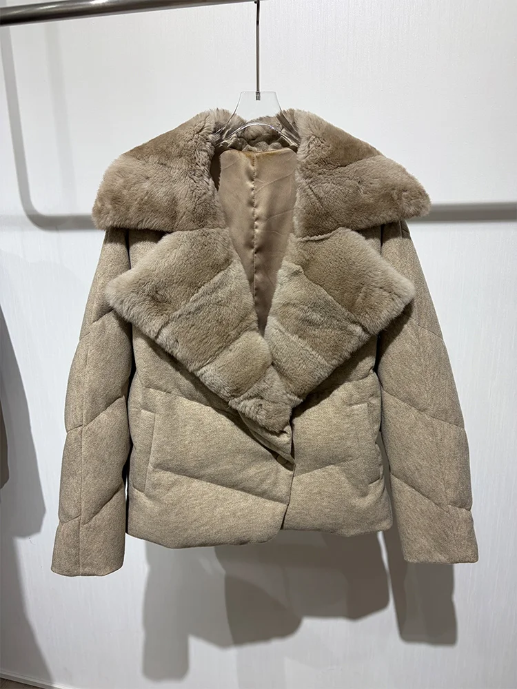 New Fashion Winter Women Goose Down Puffer Jacket Real Rex Rabbit Fur Collar Wool Coat Sleeve Warm Outerwear