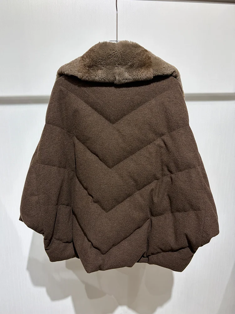 New Fashion Winter Women Goose Down Puffer Jacket Real Rex Rabbit Fur Collar Wool Coat Sleeve Warm Outerwear