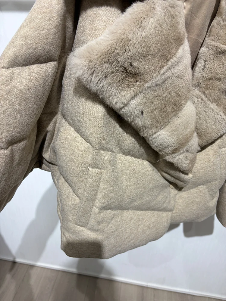 New Fashion Winter Women Goose Down Puffer Jacket Real Rex Rabbit Fur Collar Wool Coat Sleeve Warm Outerwear