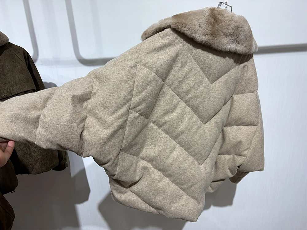 New Fashion Winter Women Goose Down Puffer Jacket Real Rex Rabbit Fur Collar Wool Coat Sleeve Warm Outerwear