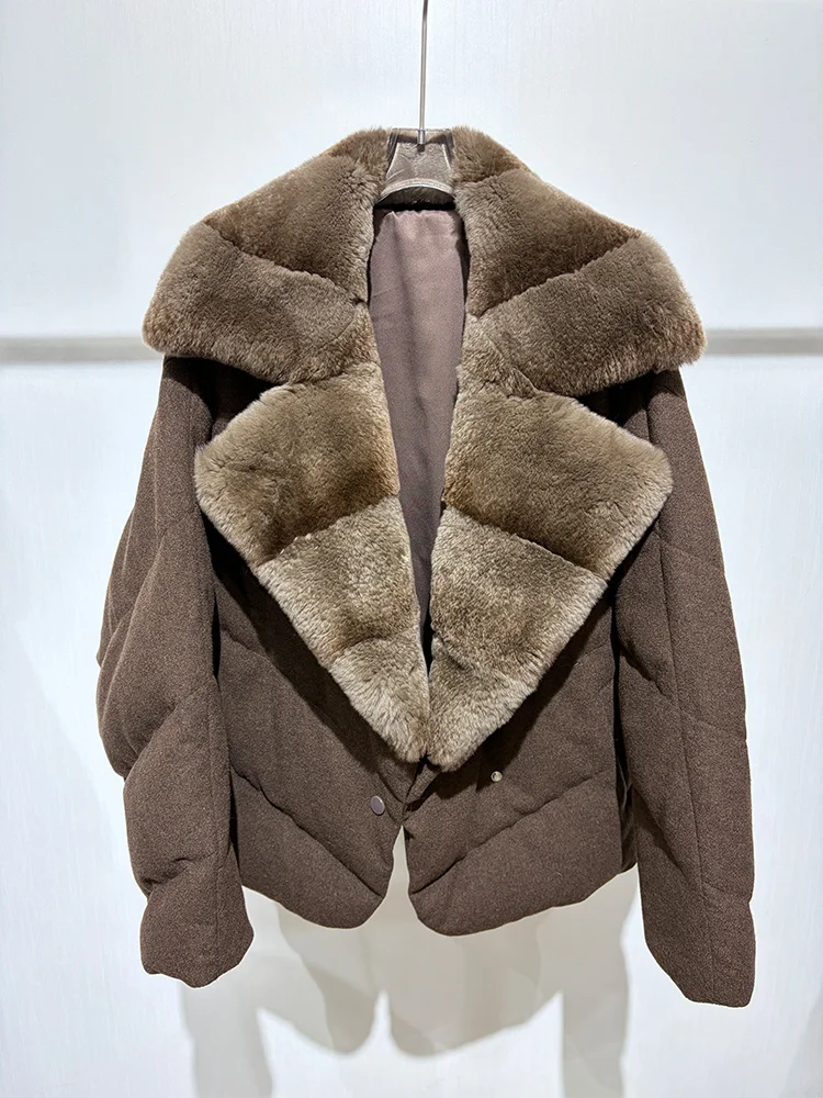 New Fashion Winter Women Goose Down Puffer Jacket Real Rex Rabbit Fur Collar Wool Coat Sleeve Warm Outerwear